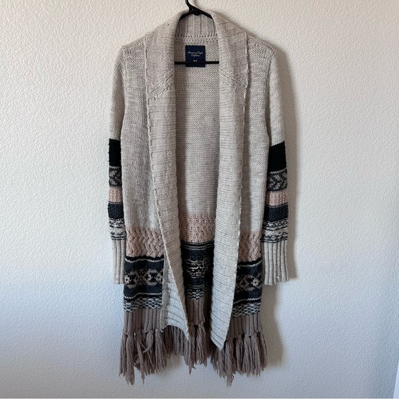 American Eagle Outfitters Sweaters - American Eagle Outfitters Beige Boho Fringe Patterned Long Cardigan